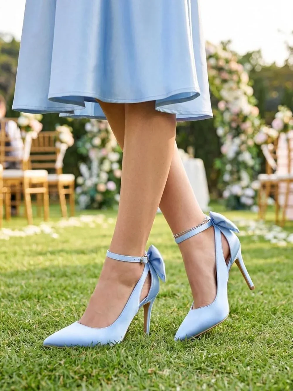Women's Satin Blue Pointed Toe High Heels Ankle Strap Sexy Bowtie Back Sandals